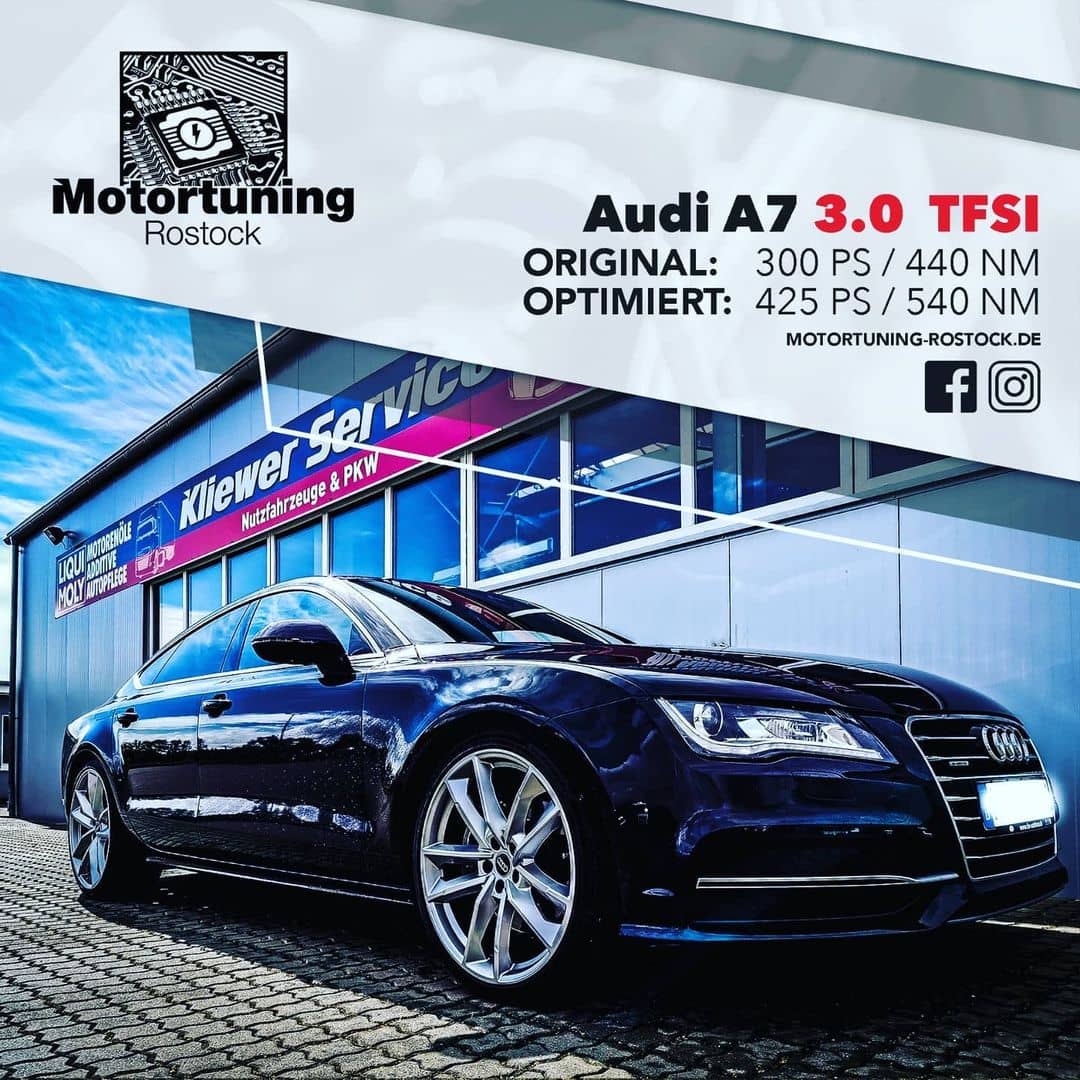 Chiptuning-Motortuning Rostock, Kennfeldoptimierung, Leistungssteigerung, Audi A7 3.0 TFSI, Ansicht schräg vorn, schwarz, Originalleistung: 300 PS, optimierte Leistung: 425 PS