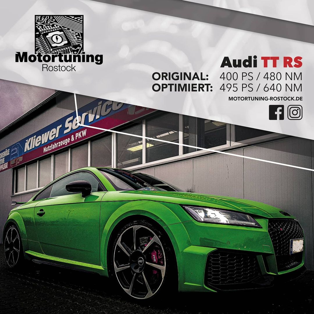 Chiptuning-Motortuning Rostock, Kennfeldoptimierung, Leistungssteigerung, Audi TT RS, Ansicht schräg vorn, grün, Originalleistung: 400 PS,optimierte Leistung: 495PS