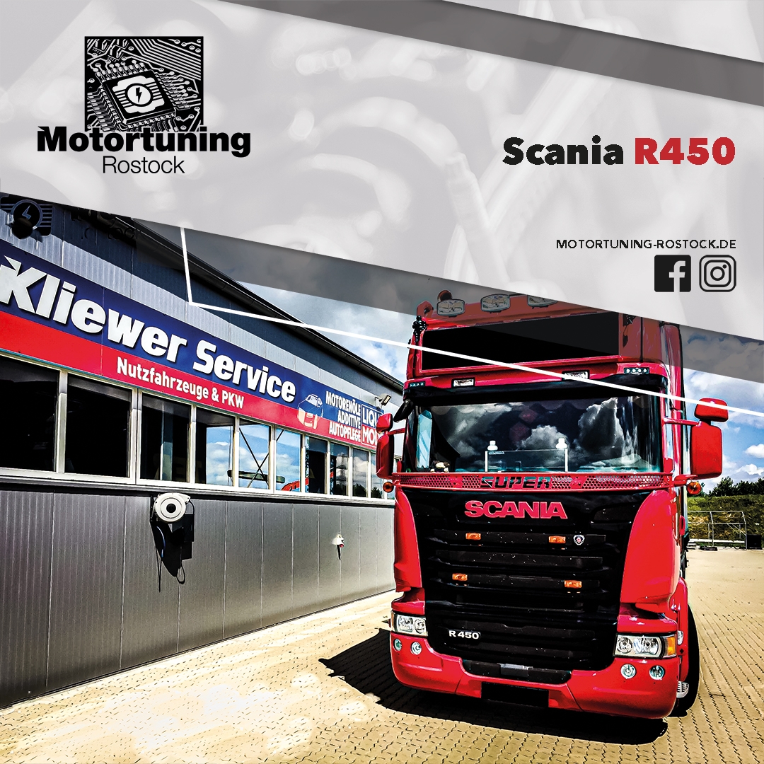 Chiptuning-Motortuning Rostock, Kennfeldoptimierung, Leistungssteigerung, Scania R450, Truck LKW, Ansicht schräg vorn, rot, Originalleistung: optimierte Leistung: