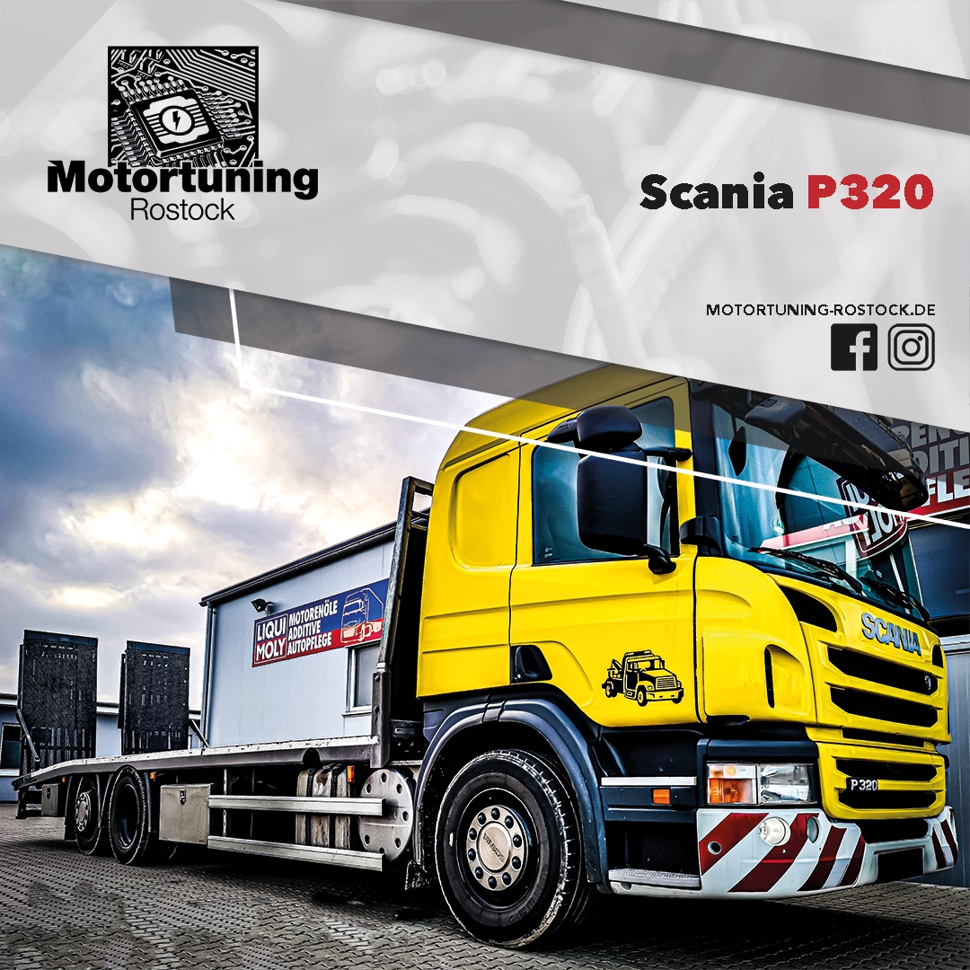 Chiptuning-Motortuning Rostock, Kennfeldoptimierung, Leistungssteigerung, Scania P320, Truck LKW, Ansicht schräg vorn, gelb, Originalleistung: optimierte Leistung: